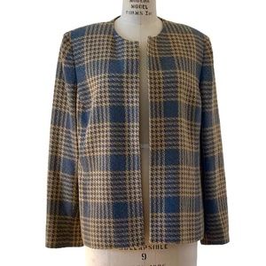 Kasper gray gold collarless blazer Sz 18 houndstooth open boxy matching scarf